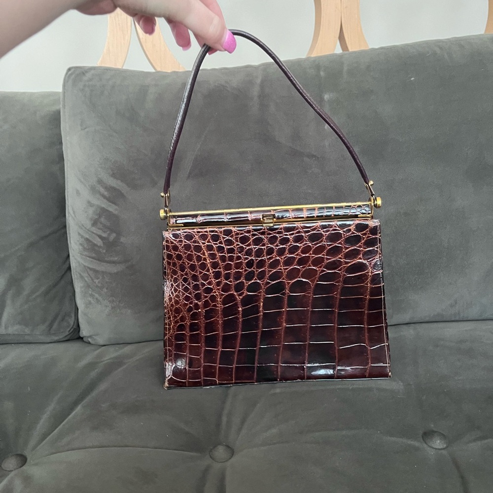 50s chocolate brown crocodile handbag